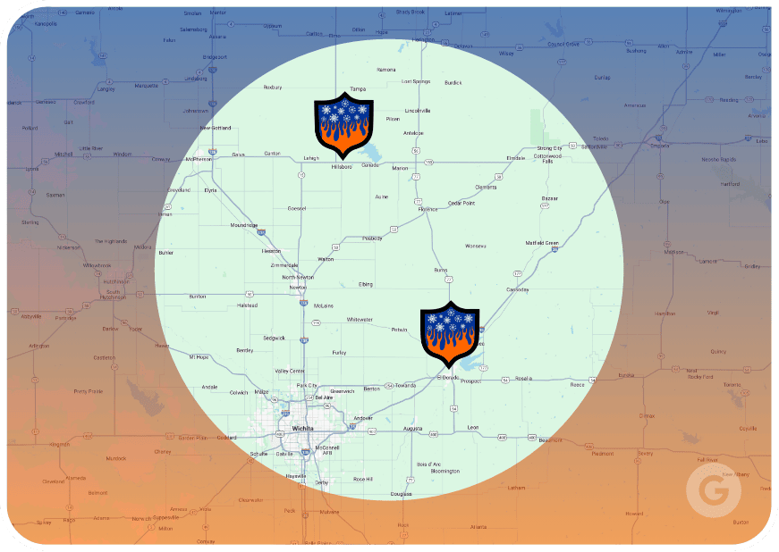 Don's Heating & Air's service area map image with pins for El Dorado and Hillsboro, KS.