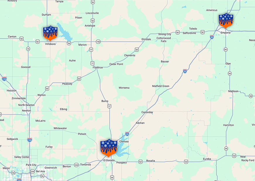 Don's Heating & Air service area map - Central Kansas